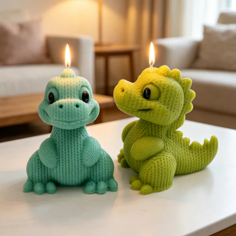 3D Knitted Dinosaur Silicone Candle Mold – Cute Sitting Dino Design for DIY Crafts