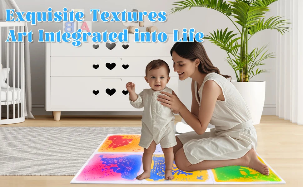 A mother is playing with a baby on a colorful liquid sensory play mat in a bright room.
