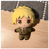A plush keychain set featuring three characters: Arthur, Alfred, and Wang Yao, with yellow hair and green outfits.