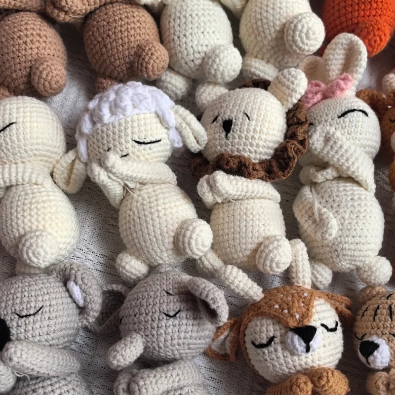 Handmade Amigurumi Plush Toy Set – Fox, Cow & Lamb Sleeping Dolls