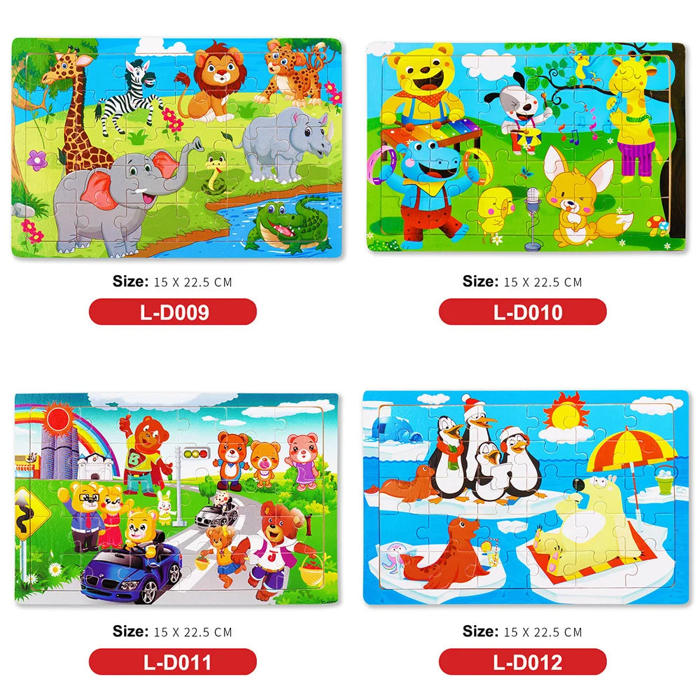 Four wooden animal jigsaw puzzles featuring jungle, farm, and zoo animals.