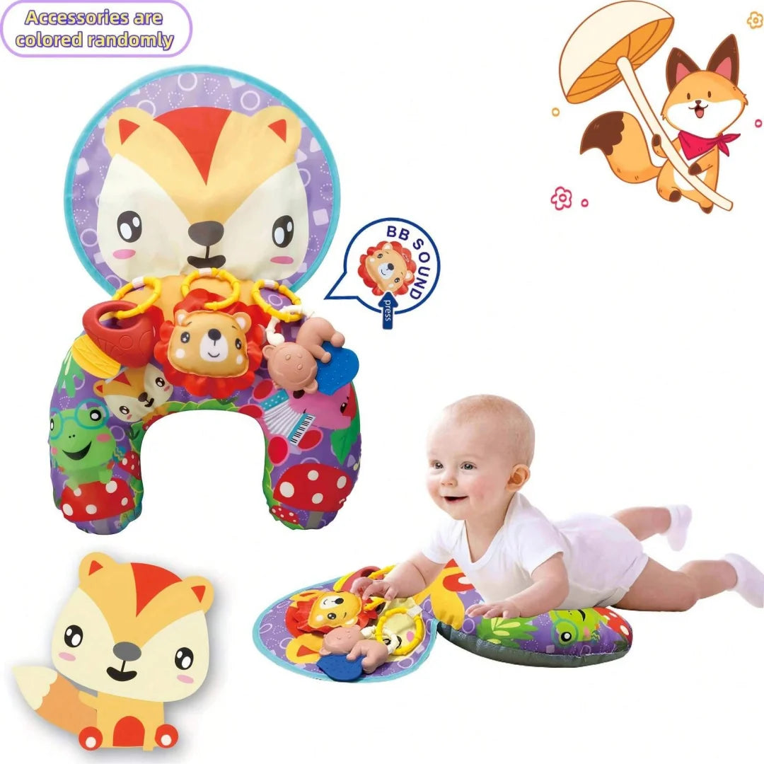 Baby-Tummy-Time-Mat mit bunten Rasseltieren und einem Fuchs-Plüschtier