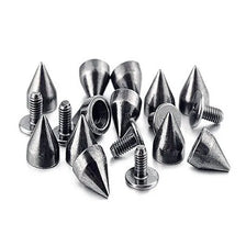 A collection of silver double-cap cone studs and screws for DIY punk fashion.