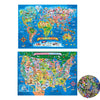 A colorful jigsaw puzzle showing maps of the world and the United States of America