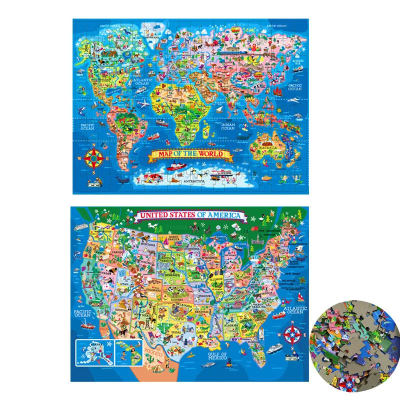 A colorful jigsaw puzzle showing maps of the world and the United States of America