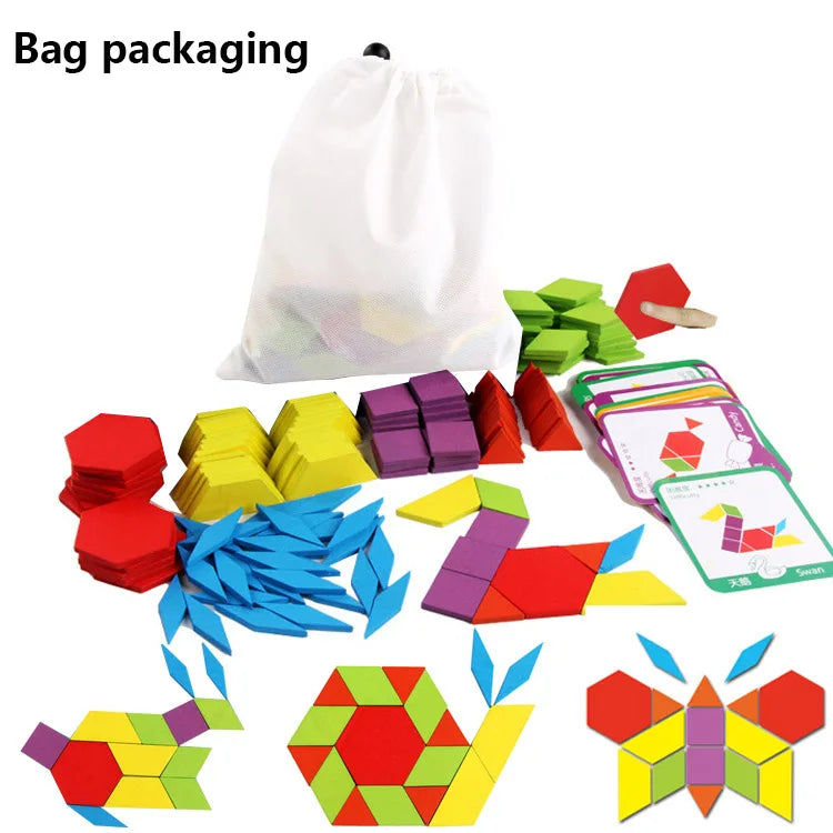Wooden Pattern Blocks Set – 155-Piece Educational Shape Puzzle for Kids