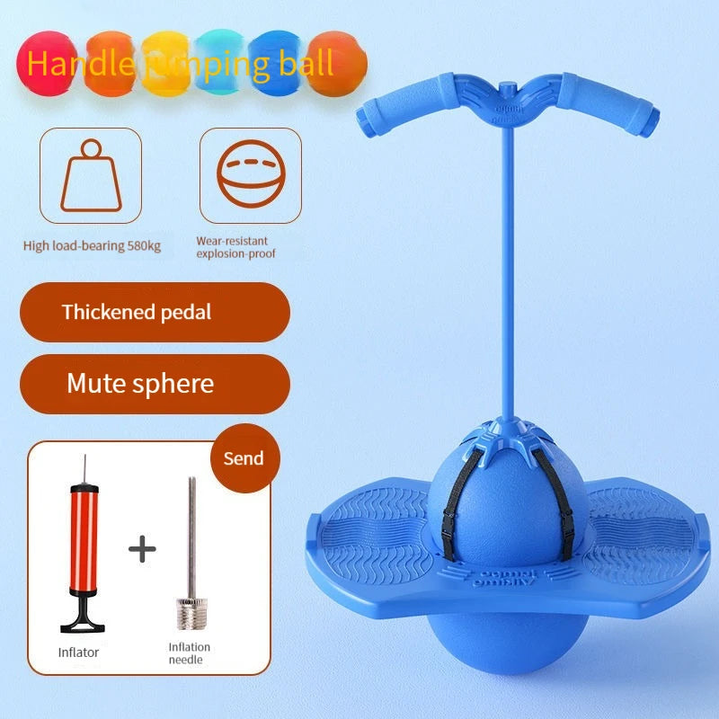 Blue frog jump bouncing ball with a handle, thickened pedal, and mute sphere, shown next to an inflator and needle.