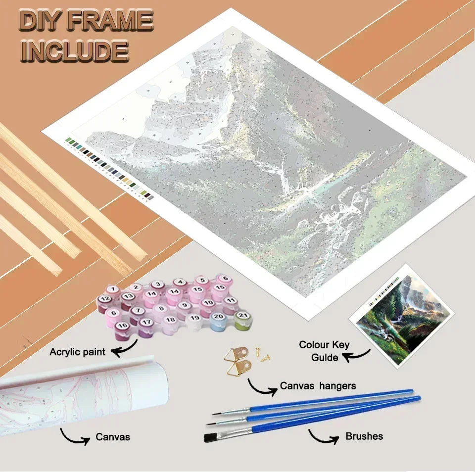 A DIY frame include showing acrylic paint, canvas, hangers, and brushes for a paint by numbers kit.