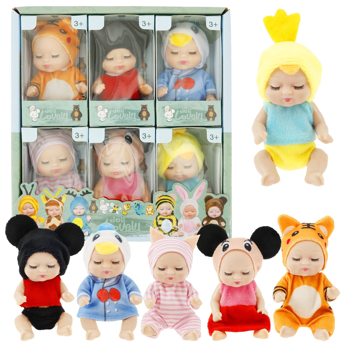 A collection of six cute sleeping reborn baby dolls in various outfits and poses.
