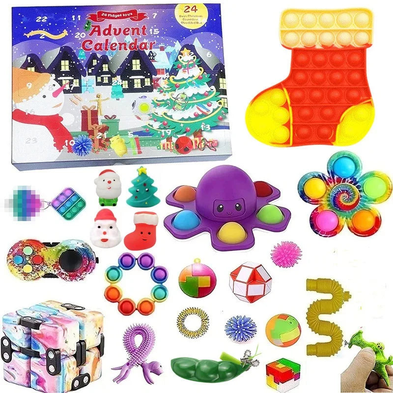 A colorful advent calendar box featuring mermaid-themed jewelry and various small gifts for a 24-day countdown.