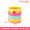 A stack of colorful silicone rings in rainbow colors showing various diameters and thicknesses.