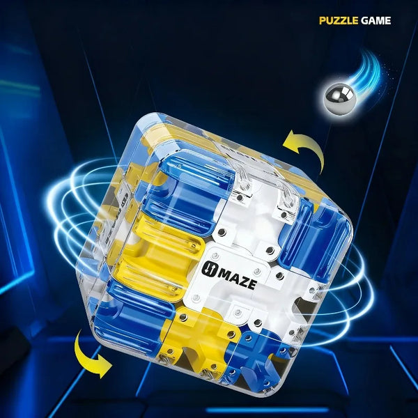 A clear cube puzzle ball maze with blue and yellow components is shown against a dark blue background.