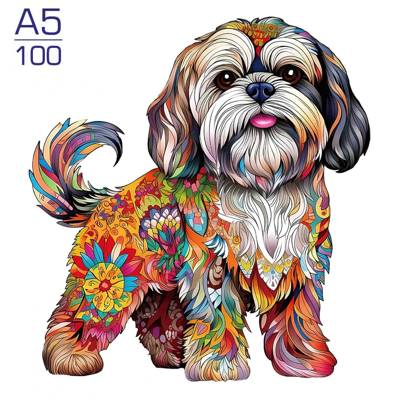 A detailed, colorful illustration of a puppy dog head and body design for a jigsaw puzzle.