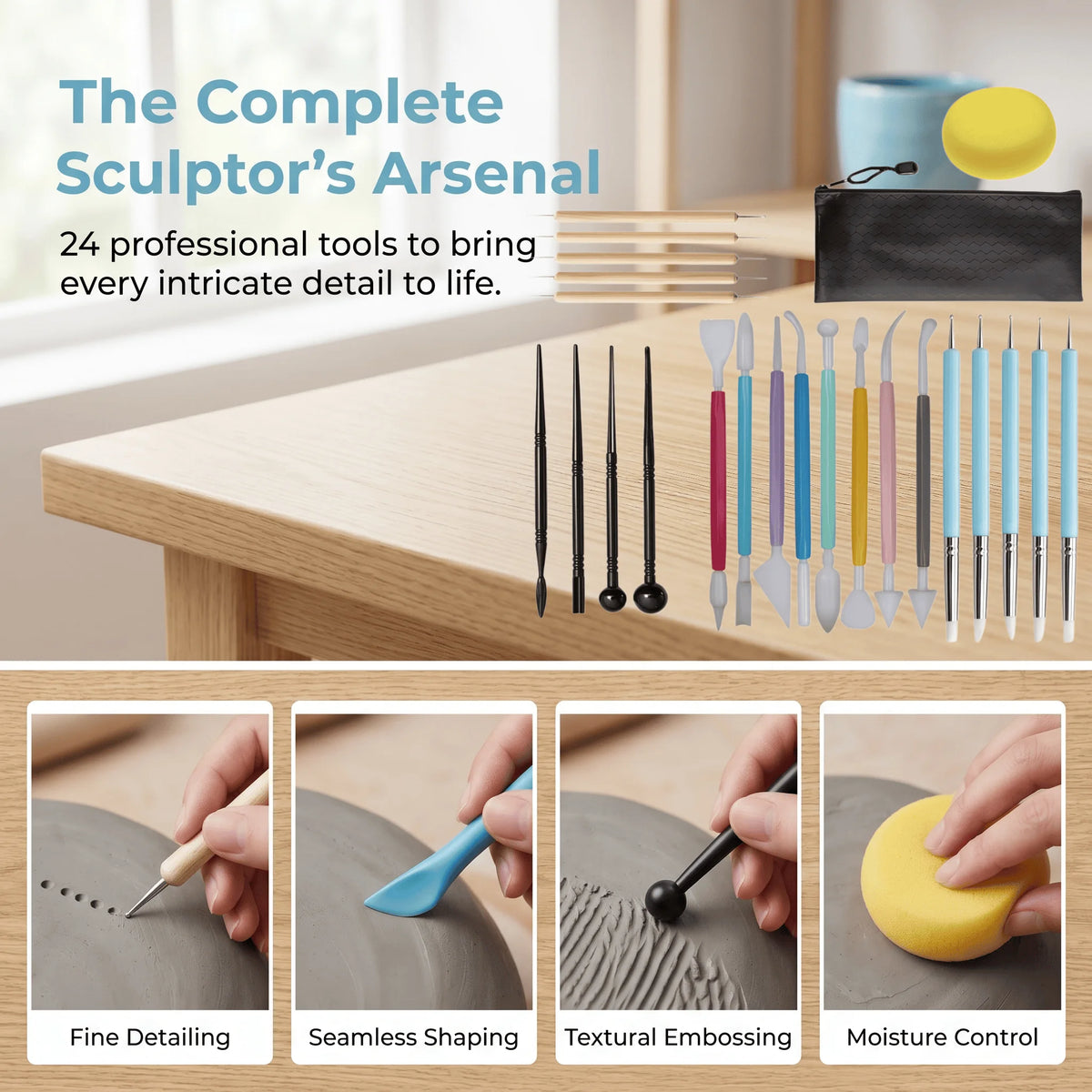 A collection of 24 professional tools for pottery and clay carving, including fine detailing, shaping, embossing, and moistur