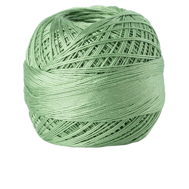 A ball of light green 100% cotton crochet thread used for tatting and embroidery.