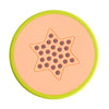A silicone baby teether set featuring star-shaped fruit and vegetable shapes on an orange background.