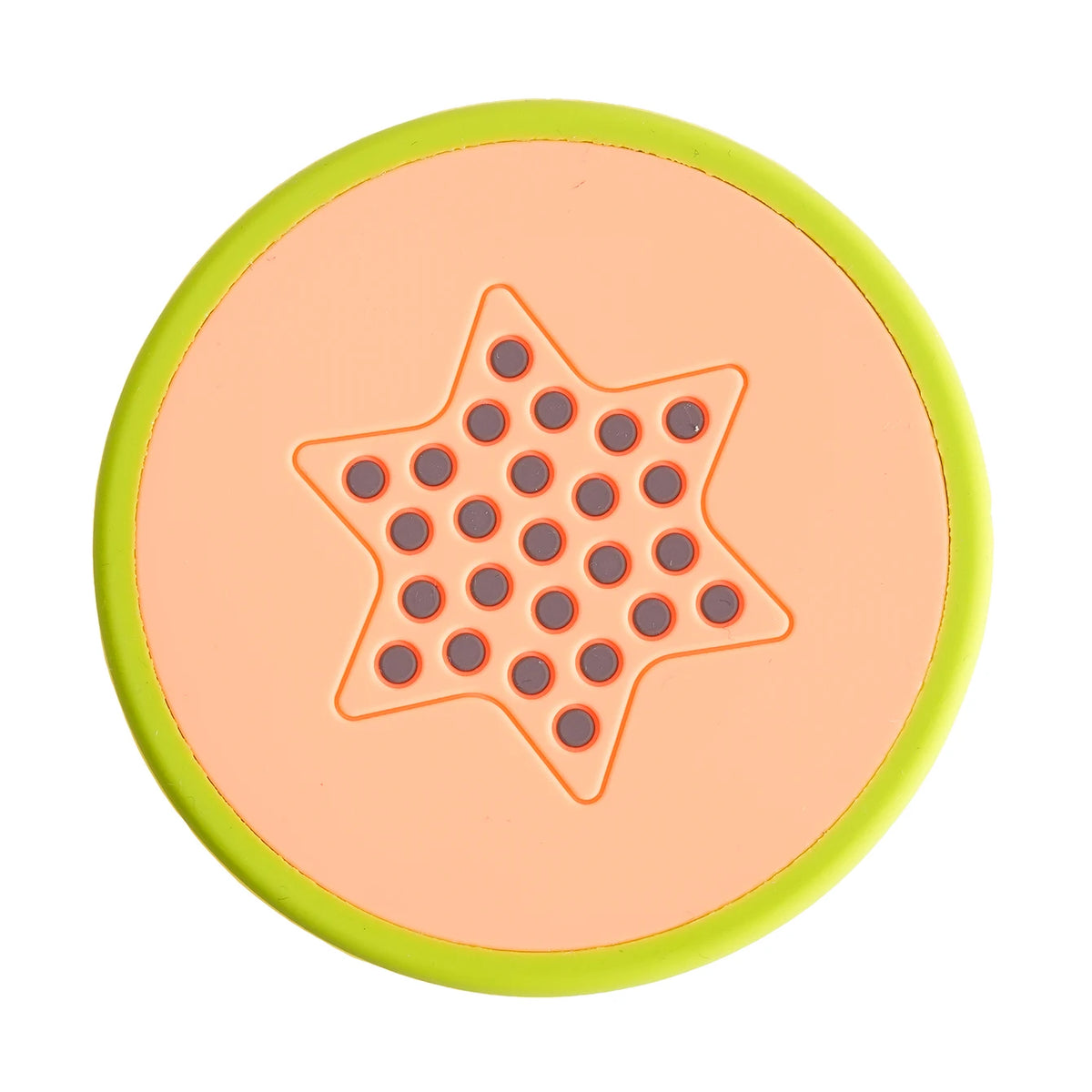 A silicone baby teether set featuring star-shaped fruit and vegetable shapes on an orange background.