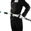 A black uniform costume featuring a bamboo cosplay katana sword with a white grip and scabbard.
