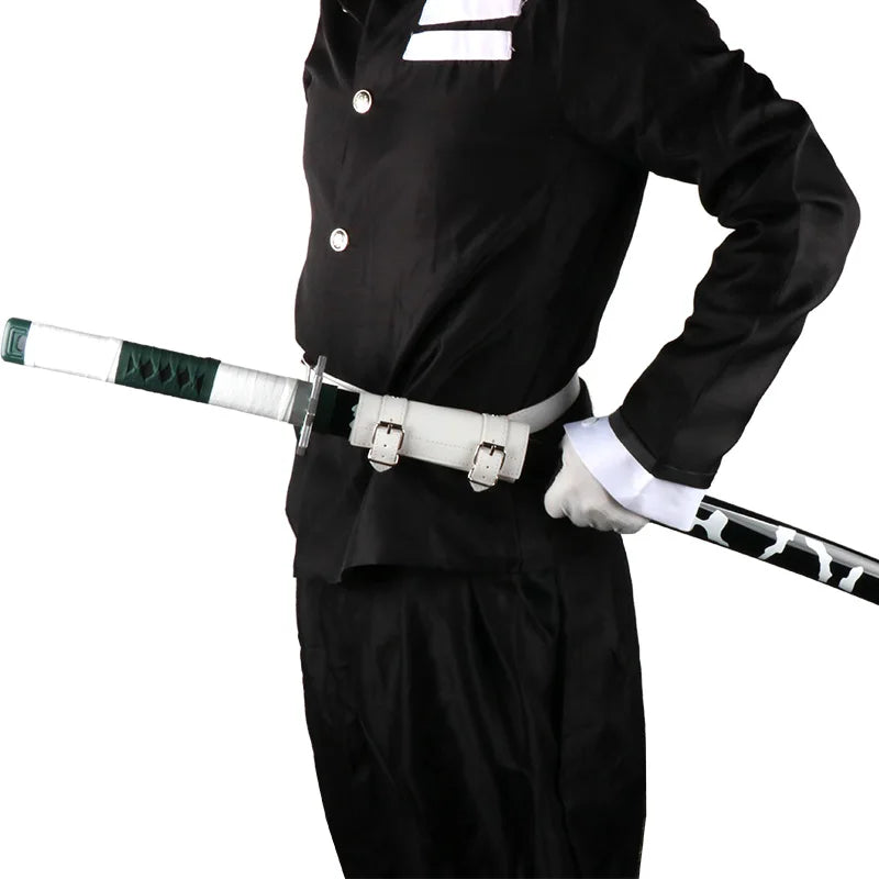 A black uniform costume featuring a bamboo cosplay katana sword with a white grip and scabbard.