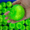 A hand holds a bright green squishy toy shaped like a dog noodle, surrounded by many similar toys.
