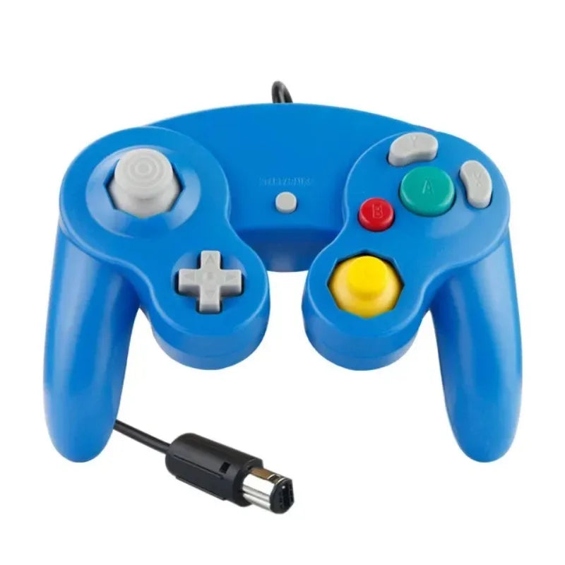 A blue wired game controller for the Nintendo GameCube console.