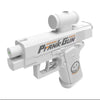 A white prank gun toy with a barrel and a pump mechanism is shown.