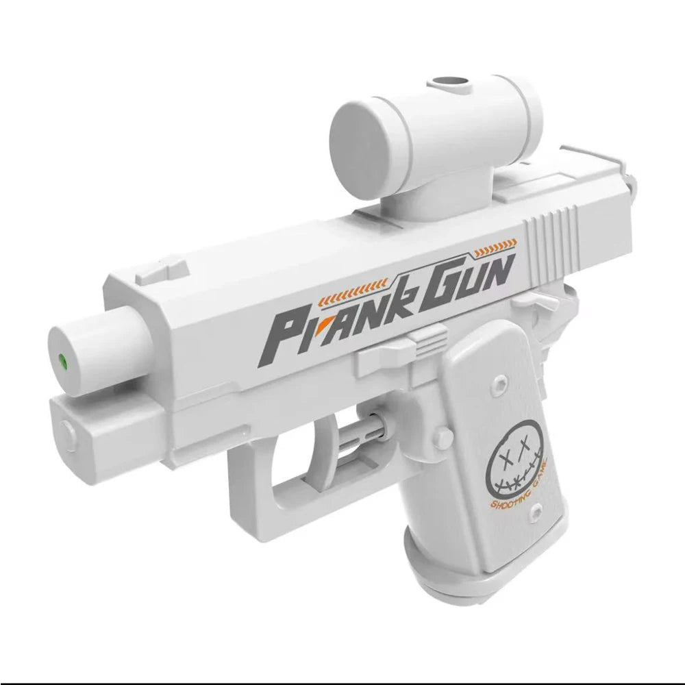 A white prank gun toy with a barrel and a pump mechanism is shown.