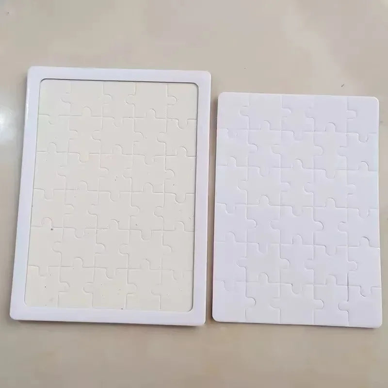 A white jigsaw puzzle set with 30 pieces is shown on a light surface.