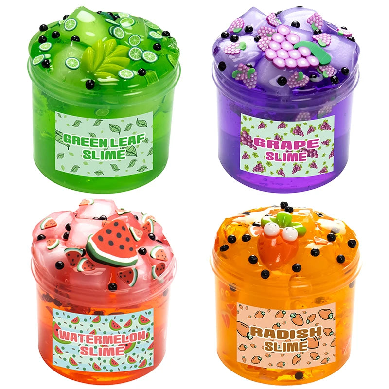 Three jars of slime kits featuring green leaf, grape, and watermelon scents.