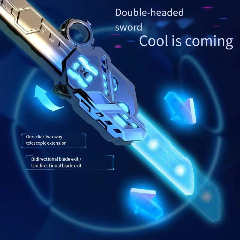 A close-up of a double-headed LED light-up sword toy with blue glowing effects and a futuristic design.