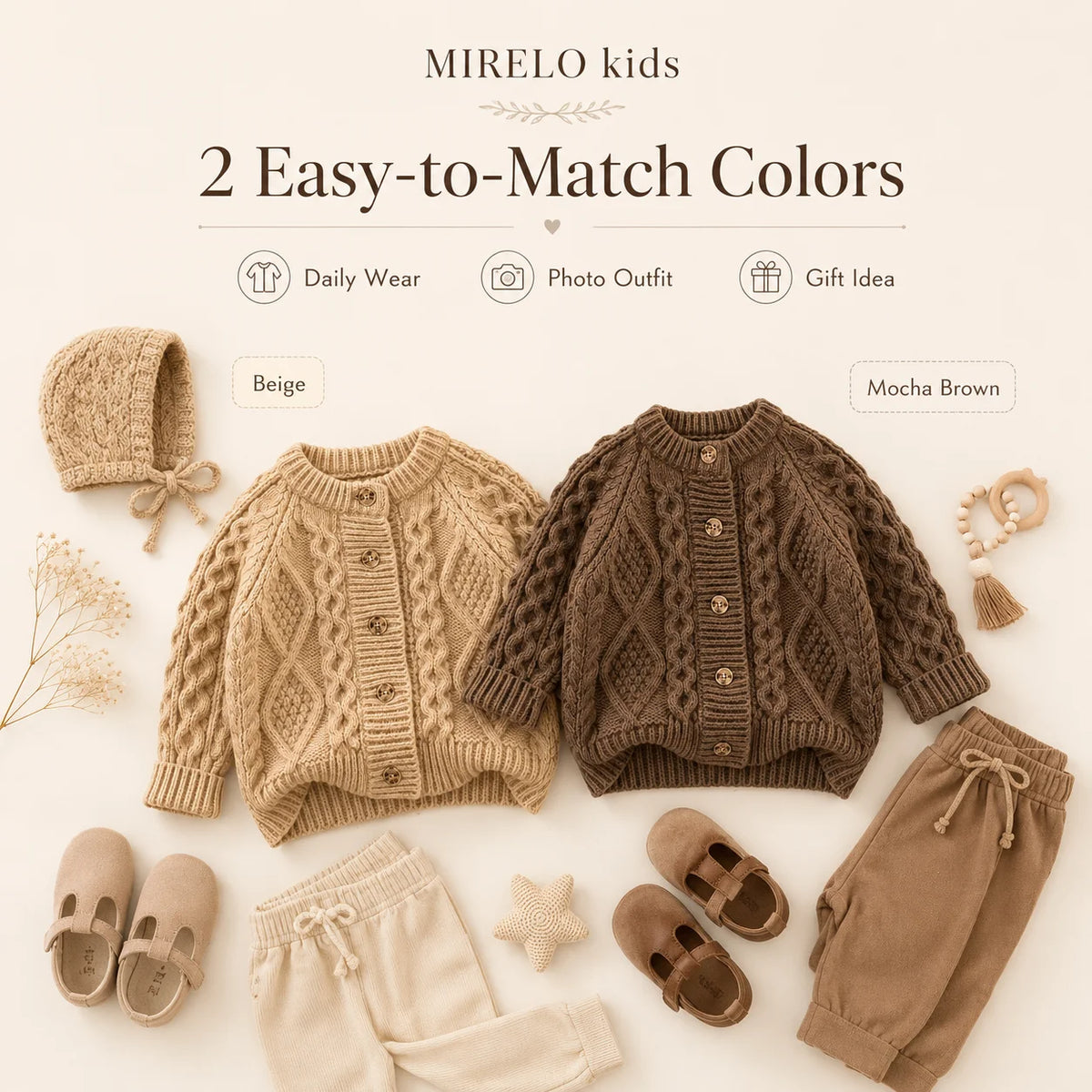 A flat lay of two knit sweaters in beige and mocha brown for kids, showing daily wear and gift ideas.