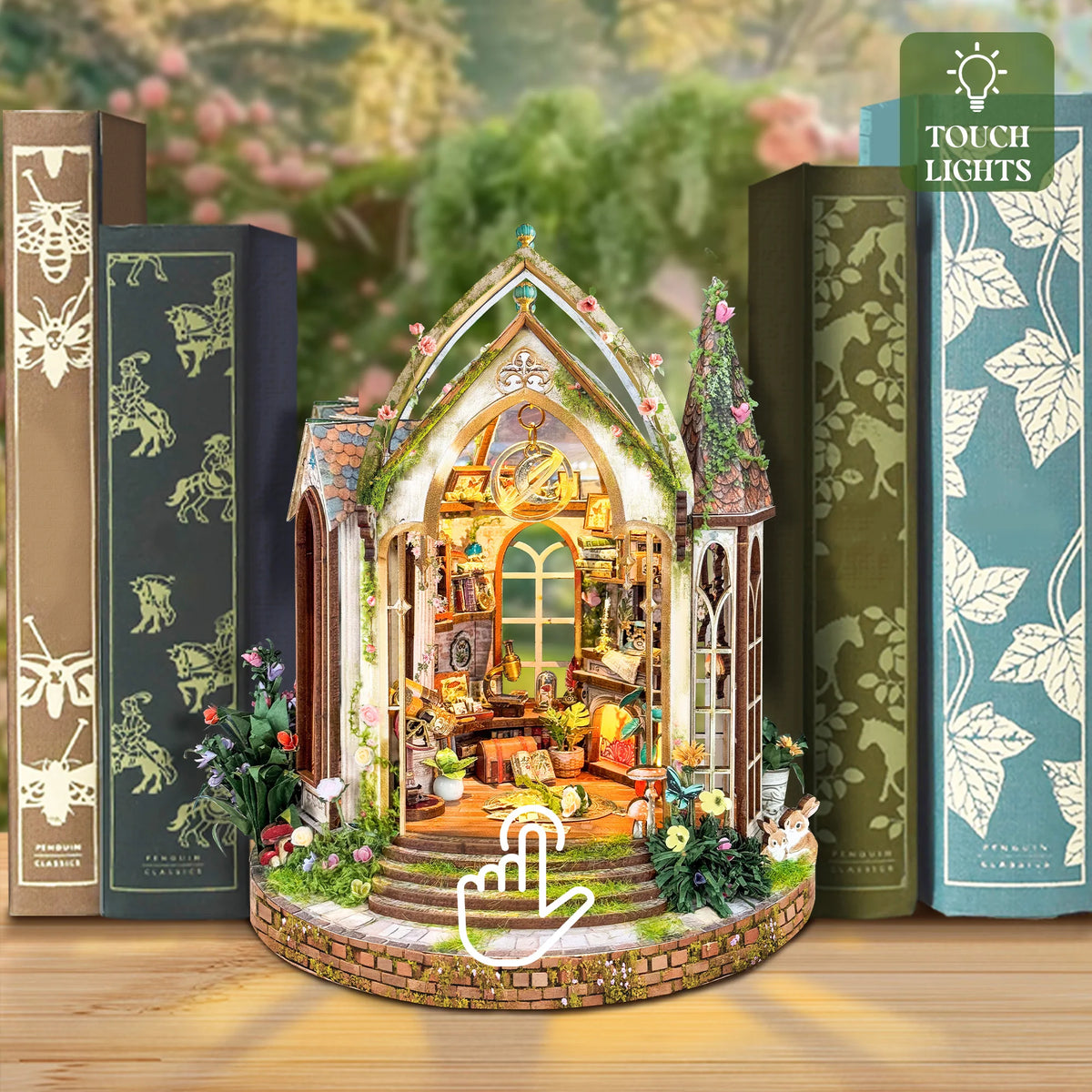A DIY wooden floral book nook kit featuring an arched display with natural elements and LED lighting.