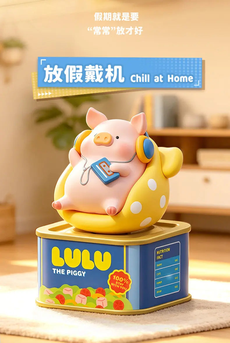 A pink pig figurine named Lulu with headphones sitting on a yellow base, used as a chill at home decor.