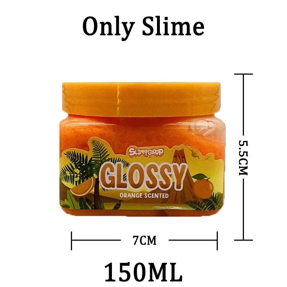 A jar of glossy orange scented slime with an orange-themed label and a yellow lid.