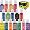 A set of 12 vibrant candle dye pigments in various colors including purple, orange, red, and black, packaged for crafts.