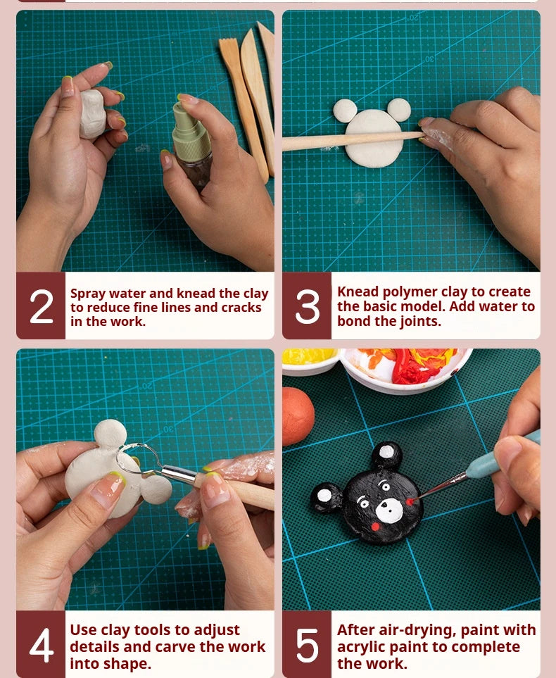 A five-step guide showing how to use air-dry stone plastic clay for sculpting and crafting.