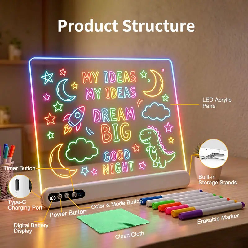 A white LED acrylic drawing board displays colorful ideas, featuring a timer button and a digital battery display.