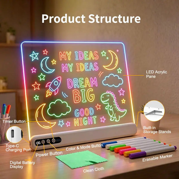 A white LED acrylic drawing board displays colorful ideas, featuring a timer button and a digital battery display.