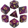 A set of purple galaxy polyhedral dice showing various numbers and cosmic effects.