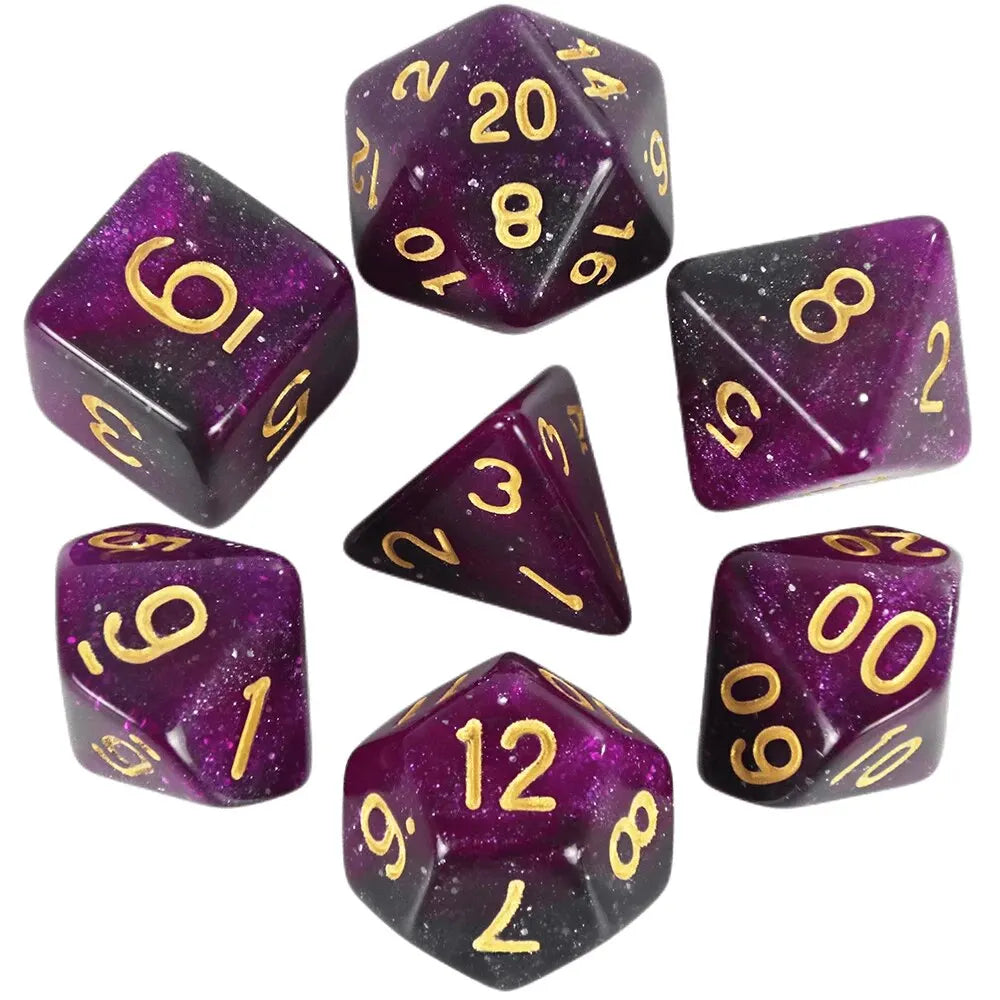 A set of purple galaxy polyhedral dice showing various numbers and cosmic effects.