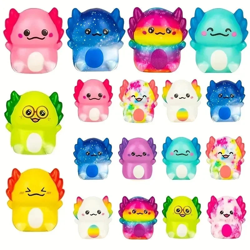 A collection of colorful squishy slow-rise stress relief toys shaped like cute newt figurines for kids and adults.