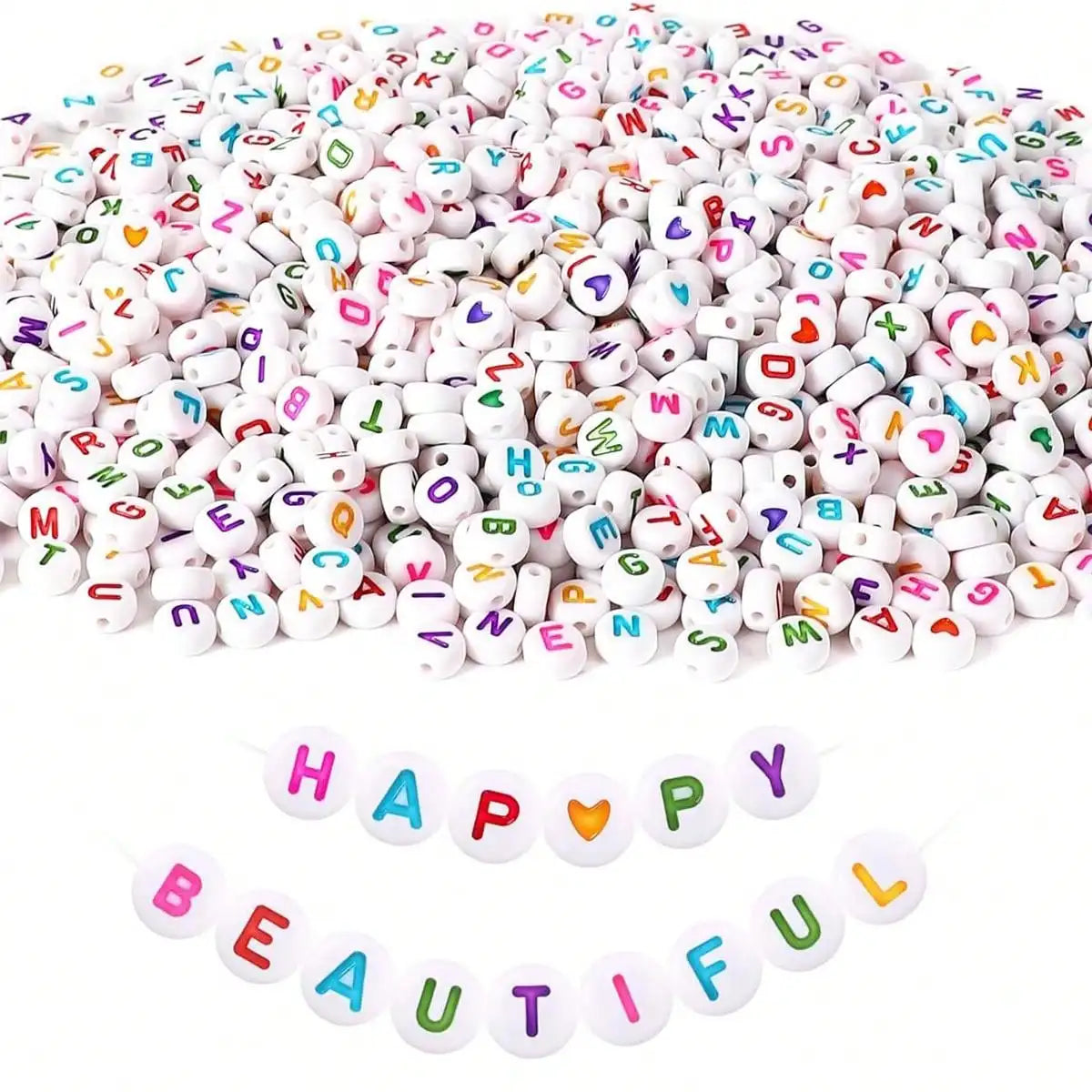 A pile of colorful letter and number acrylic beads for jewelry making