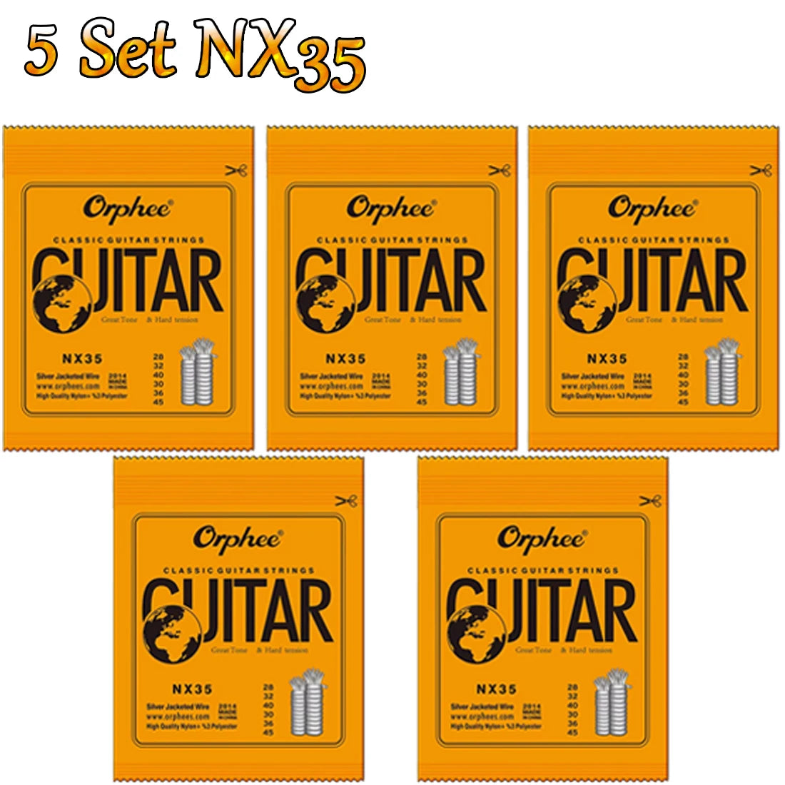 Five sets of Orphee NX35 silver-plated nylon classical guitar strings packaged in orange boxes
