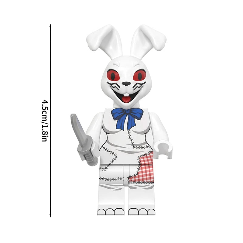 Mini building block figures of Bonnie and friends from Five Nights at Freddy's featuring white rabbit characters with red eye