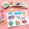 A collection of wooden drawing stencils and colorful craft items laid out on a pink surface.
