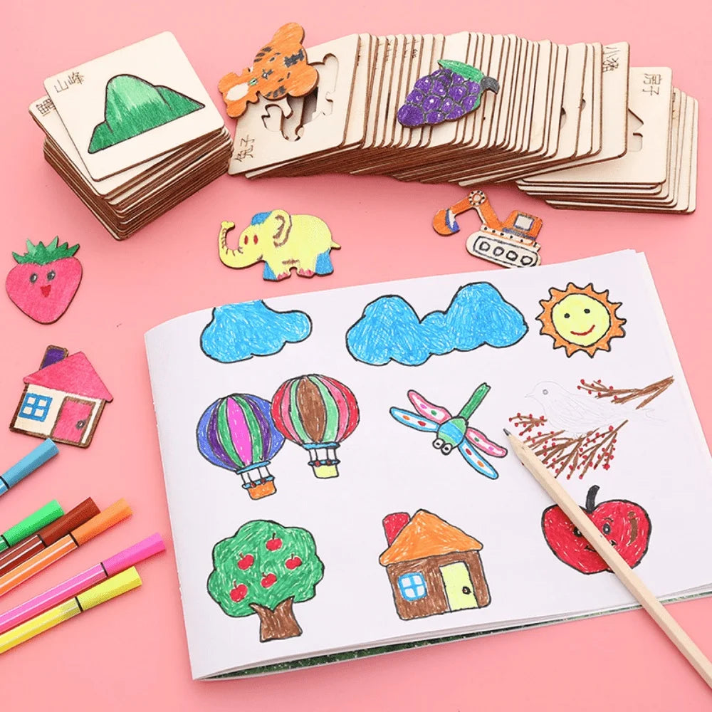 A collection of wooden drawing stencils and colorful craft items laid out on a pink surface.