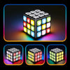 A musical brain teaser cube with flashing lights shown in various colors and angles.