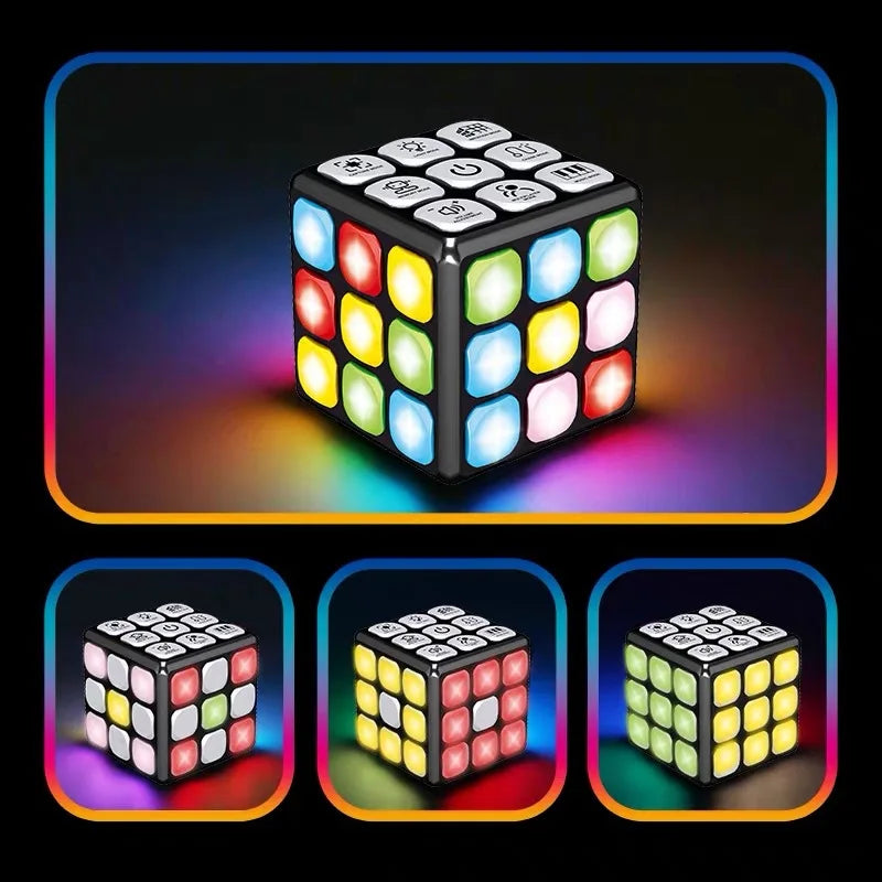 A musical brain teaser cube with flashing lights shown in various colors and angles.