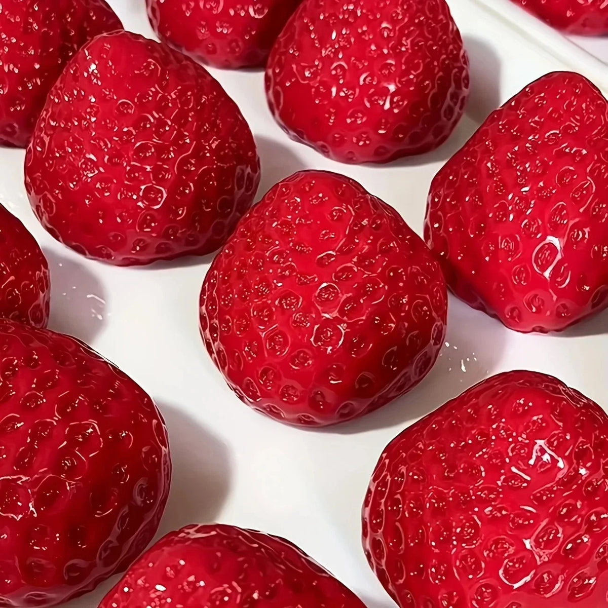 A close-up view of several bright red strawberry squishy fidget toys on a white surface.
