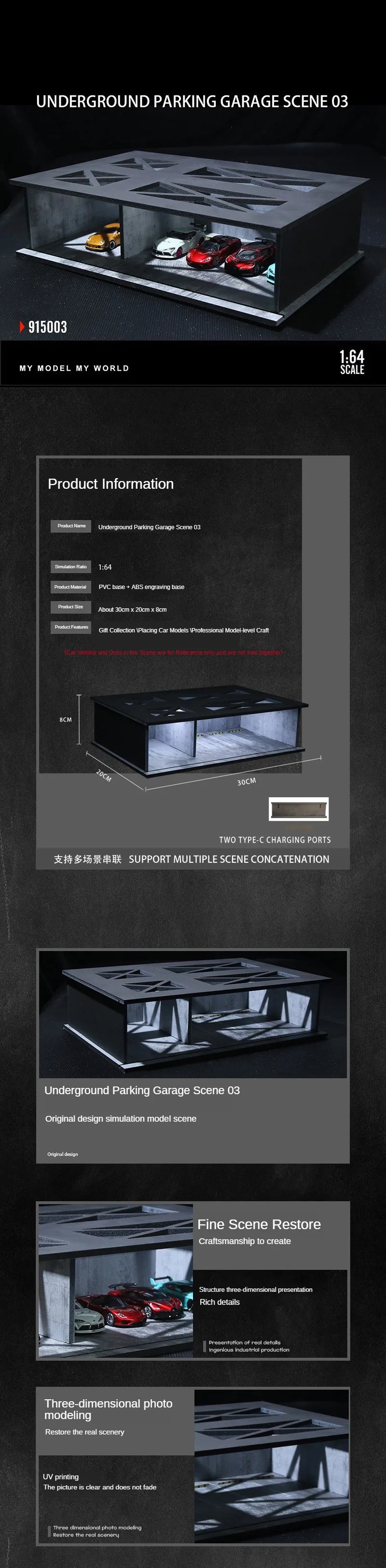 A 1:64 scale LED light-up underground parking garage diorama featuring a model car display.